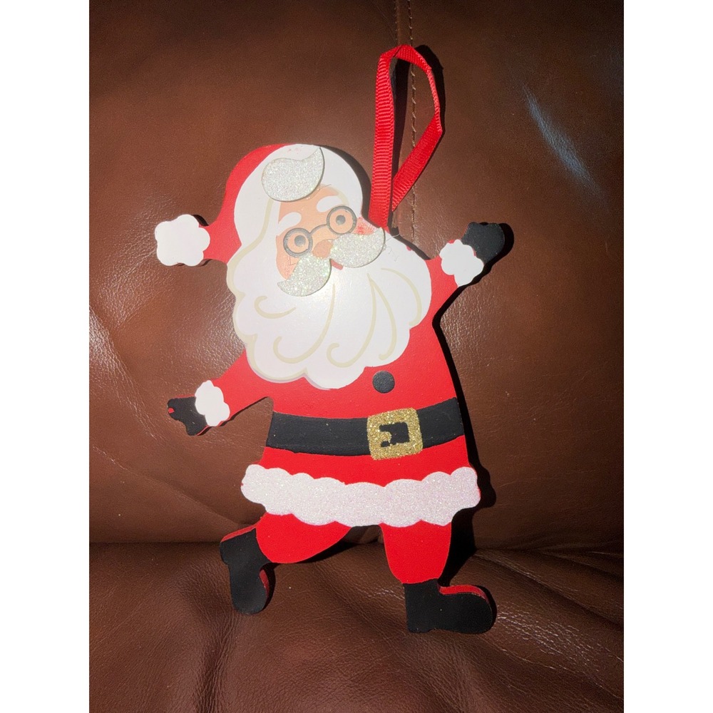 Santa Claus Christmas Ornament Wood Cutout Glitter Accents Red Ribbon Hanger